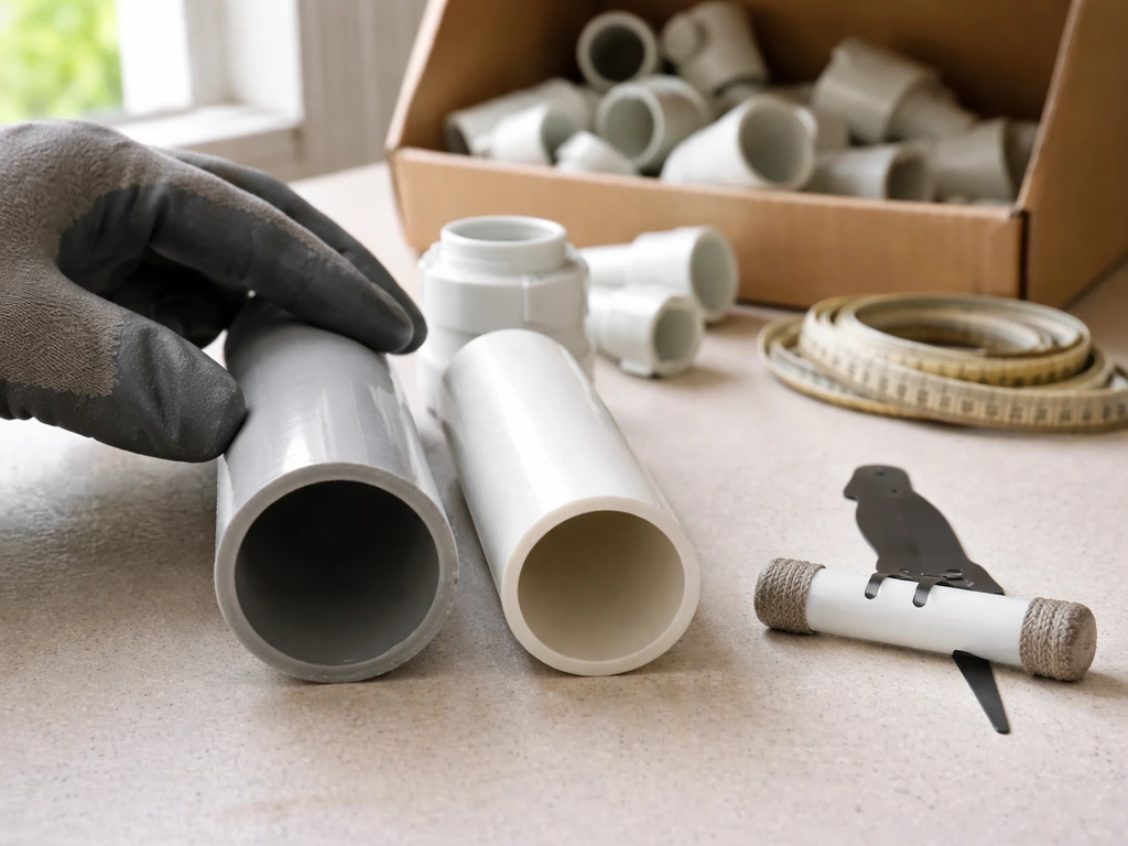 Gloved hand comparing rigid PVC pipe wall thicknesses on a workbench with fittings for a bird perch fit.