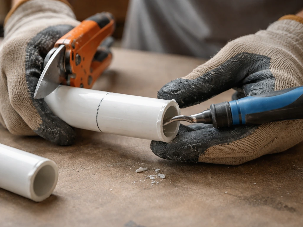 Gloved hands cutting and deburring marked PVC pipe ends on a work surface with a pipe cutter