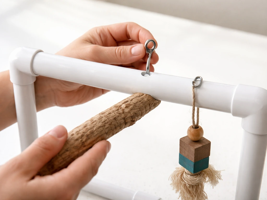 Hands installing a natural wood bird perch and toy attachments onto a simple PVC frame.