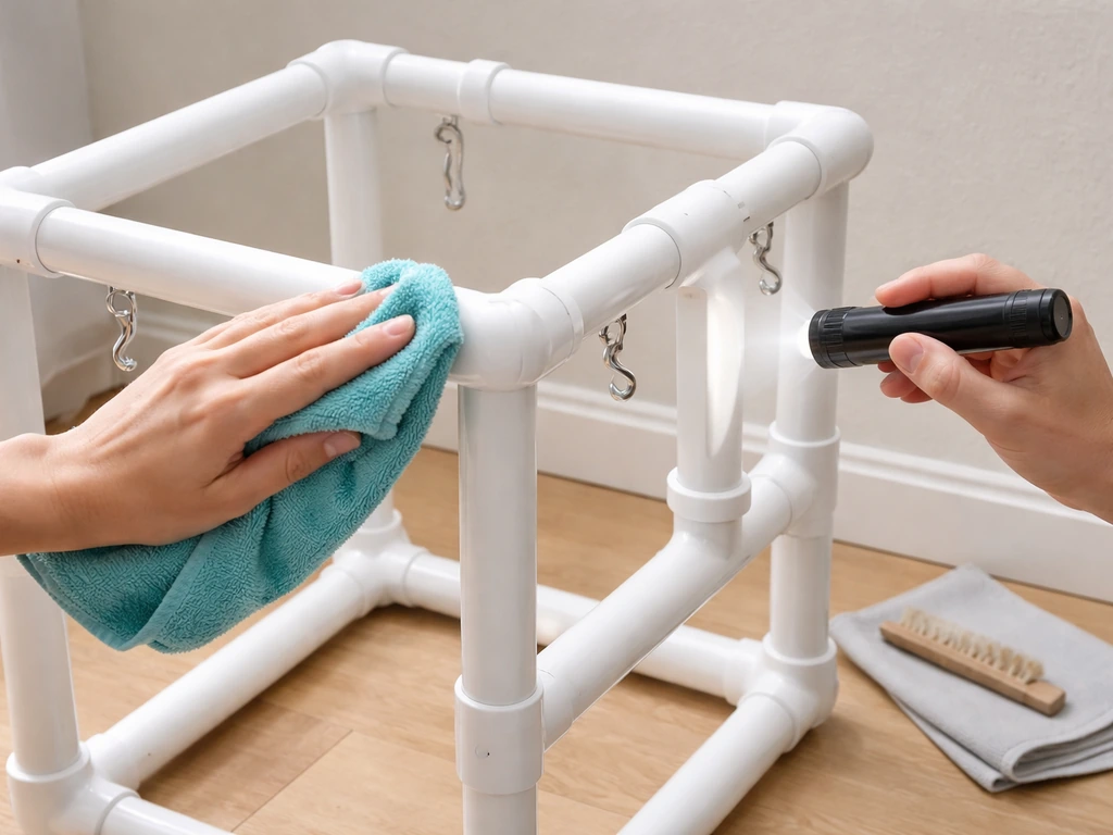 Hands wipe a finished PVC bird play gym and inspect screw hooks near the PVC joints.