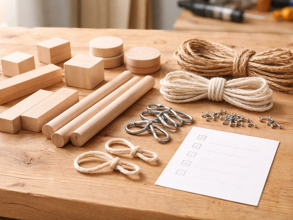 Untreated wood, stainless hardware, natural rope, and blank safety notes on a bright workbench.