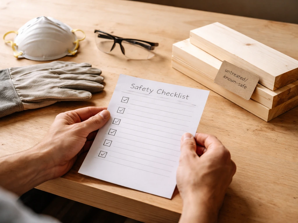 Hands reviewing a simple safety checklist at a workbench with untreated wood and safe tools nearby