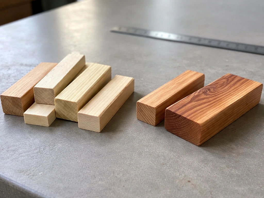 Wood pieces side by side: untreated softwoods and hardwoods alongside an avoided cedar-like wood piece