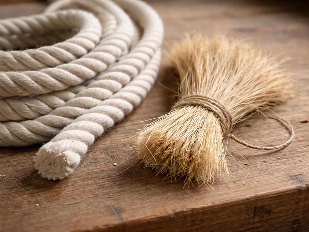 Close-up of natural cotton rope beside untreated sisal fibers, with neatly trimmed ends to reduce fraying.