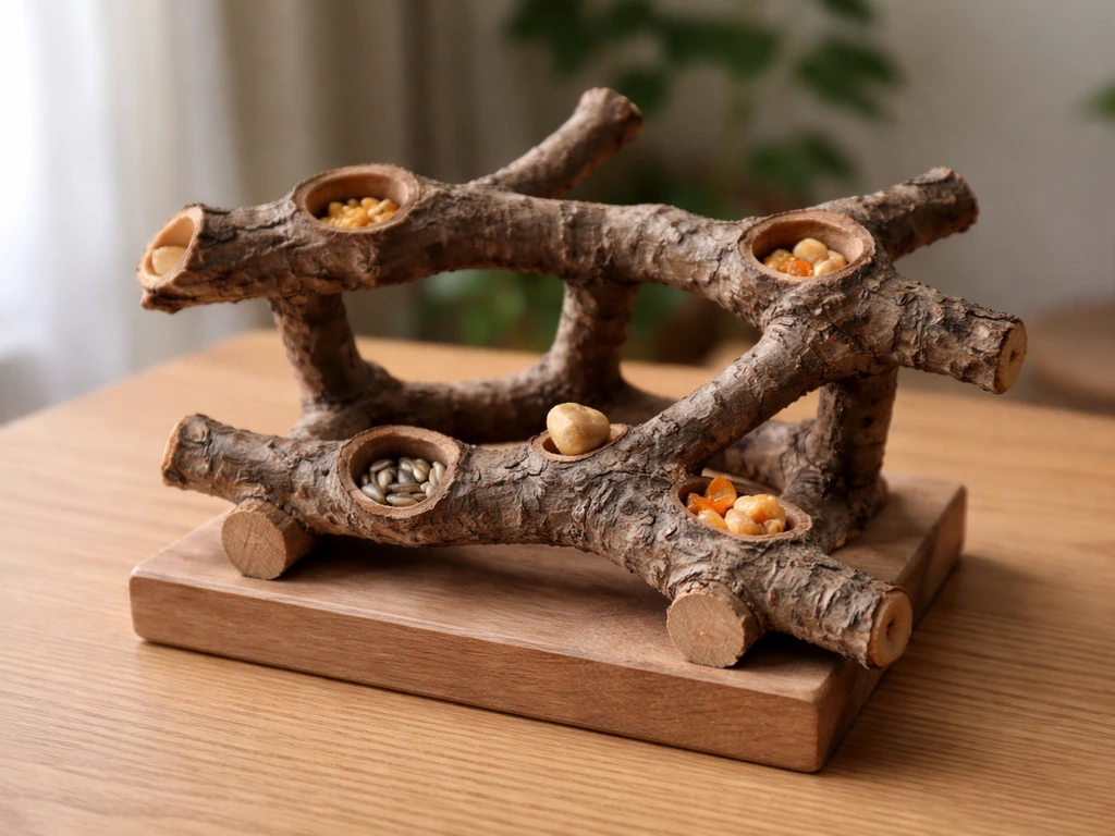 Close-up of a natural branch foraging puzzle with hidden bird treats tucked in crevices.