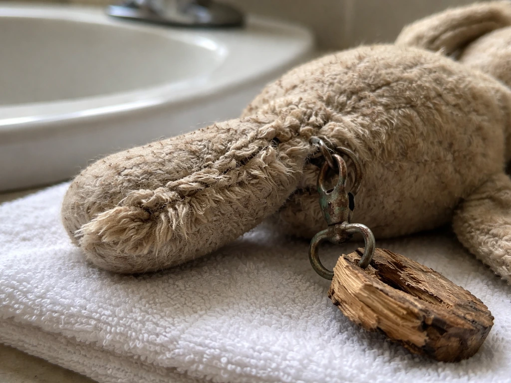 Close-up of a damaged stuffed toy with frayed rope, rusted hardware, and cracked splintered wood.