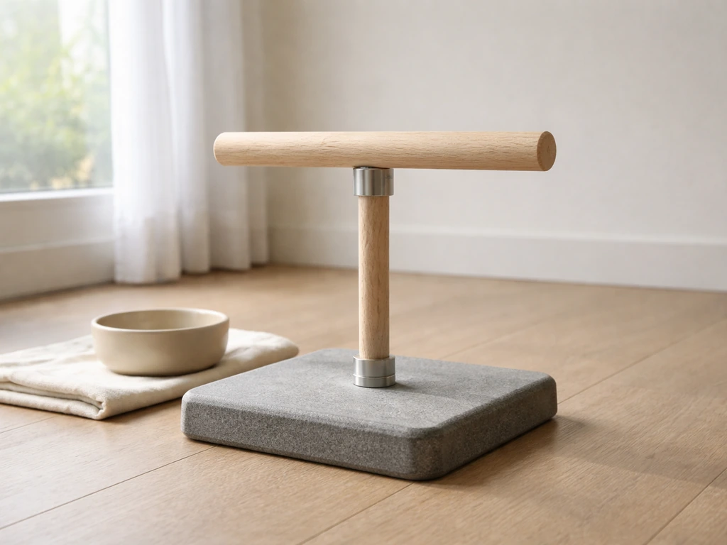 Finished DIY bird training perch with clear perch arm and stable weighted base in soft natural light.
