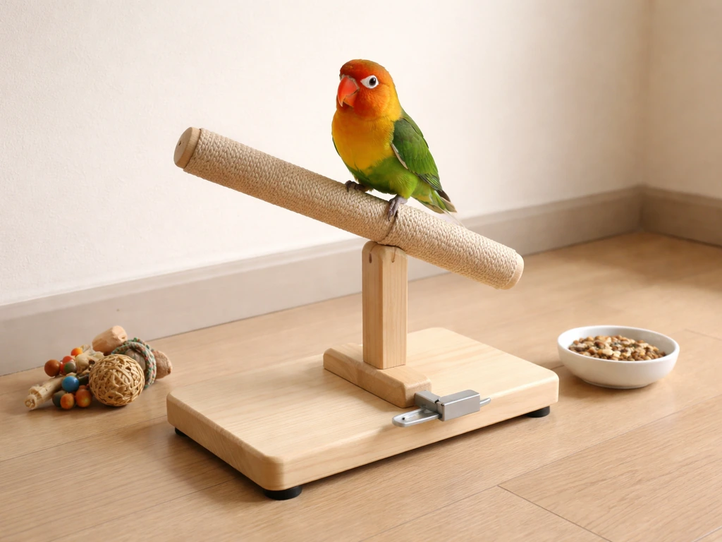 Portable bird training perch setup with a small bird stand beside a simple travel carrier and toys.