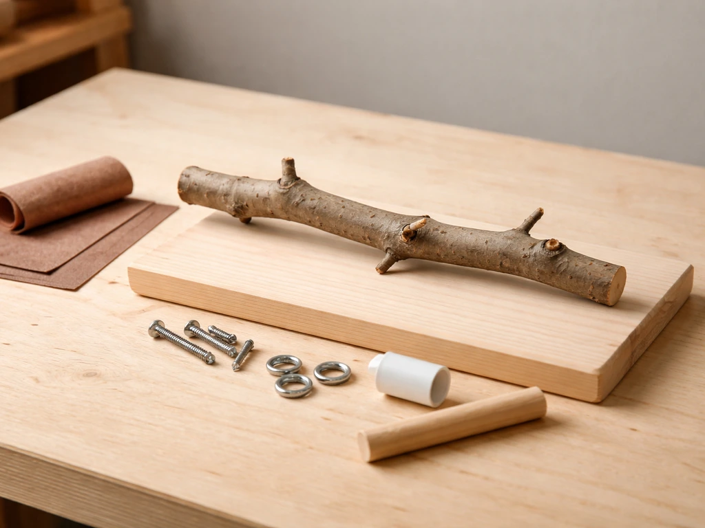 Bird-safe branch and simple DIY materials laid out on a workbench with tools nearby.