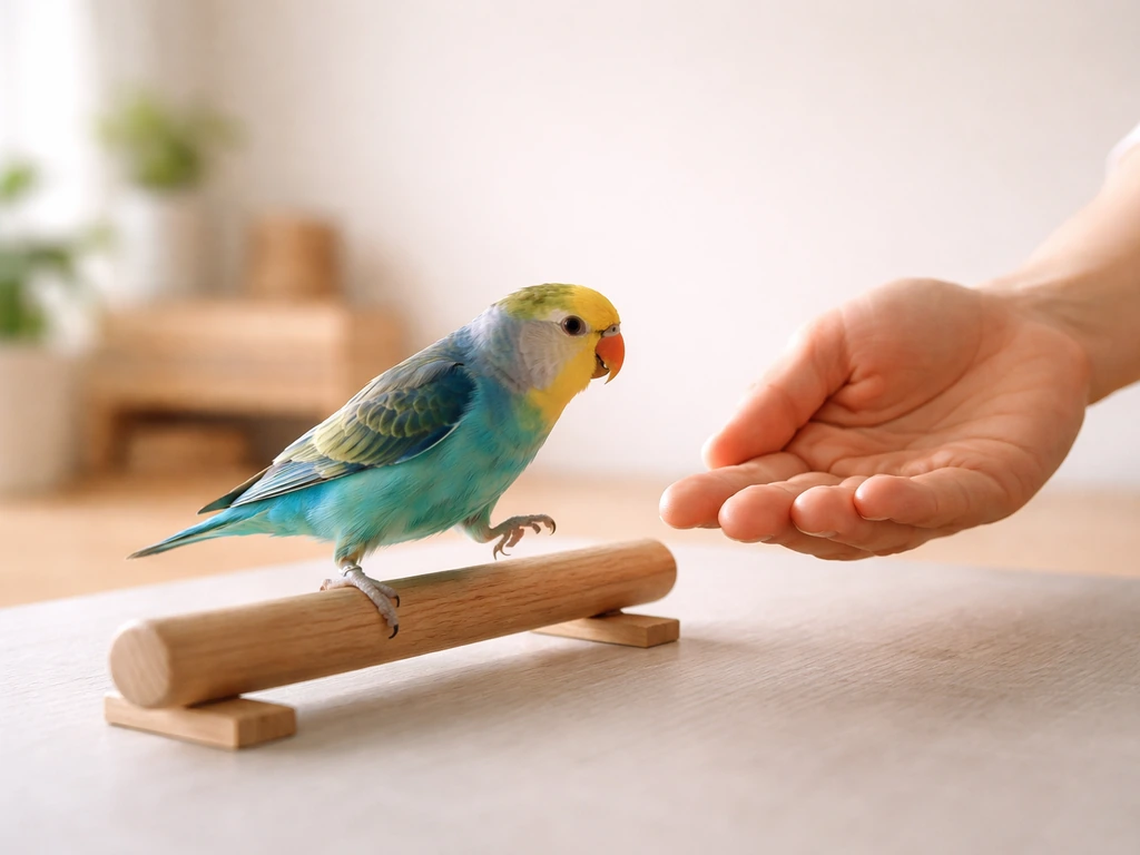 Small pet bird stepping up onto a training perch beside a trainer’s hand in a calm indoor setting