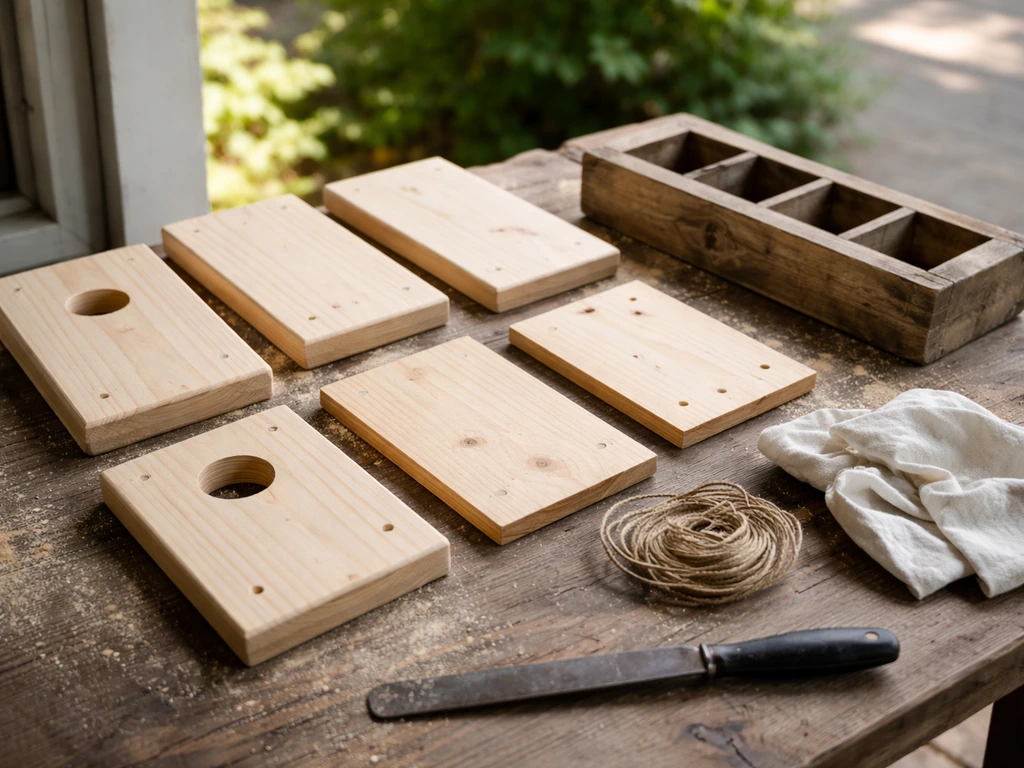 DIY workbench with wood bird block nesting pieces and a seed/feed mold, ready for assembly