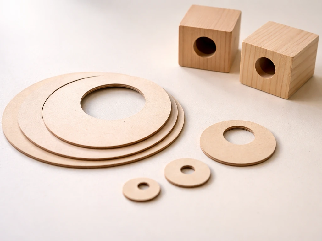 Minimal tabletop with different nesting box entrance-hole templates laid out, bird species block sizes implied.