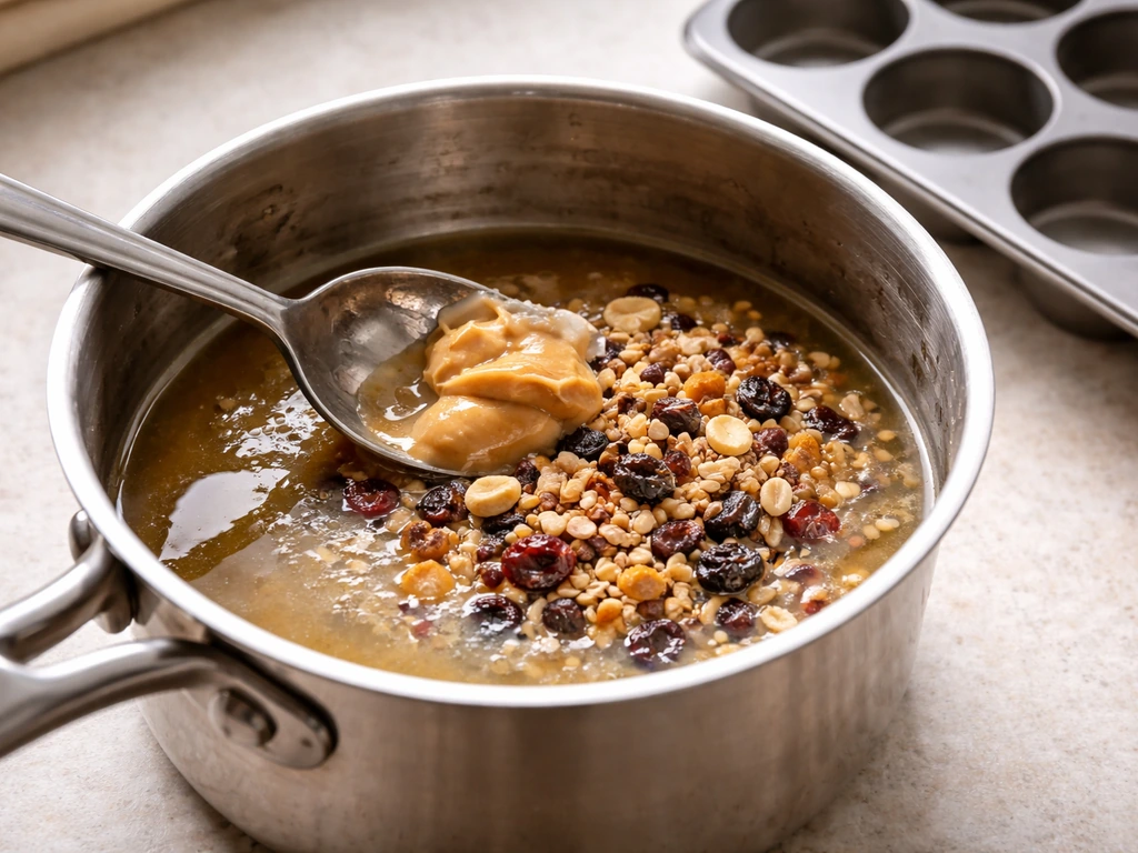 Melted suet and peanut butter being mixed with birdseed in a saucepan, with a mold nearby