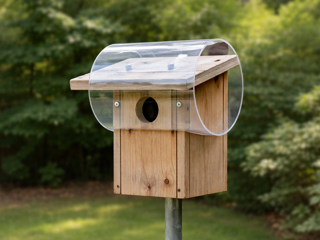 Pole-mounted bird nest box with a PVC wobble predator guard over the entrance area.