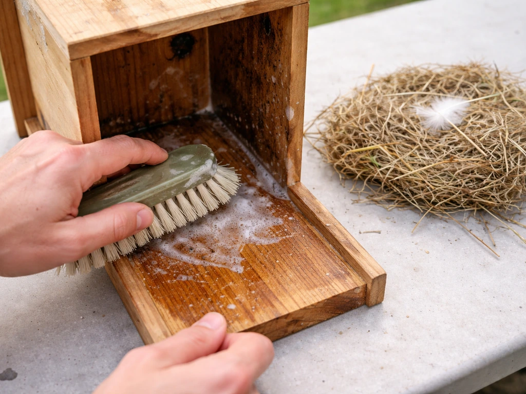 Person scrubbing a bird nesting box interior with a stiff brush and mild soap, fresh nesting material nearby