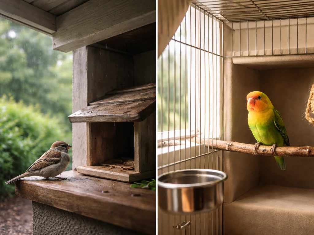 Two simple vignettes showing a wild bird sheltered from weather and a pet bird kept warm away from drafts.