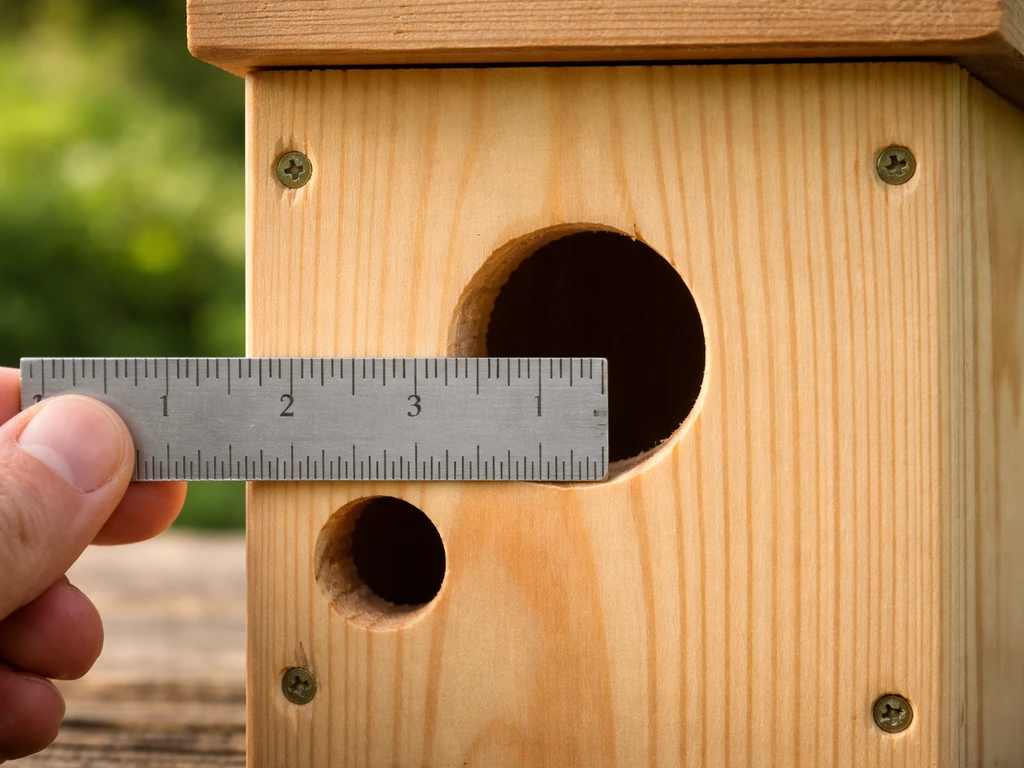 Ruler measuring a nest box entrance hole on untreated wood, showing correct and incorrect sizing alignment.