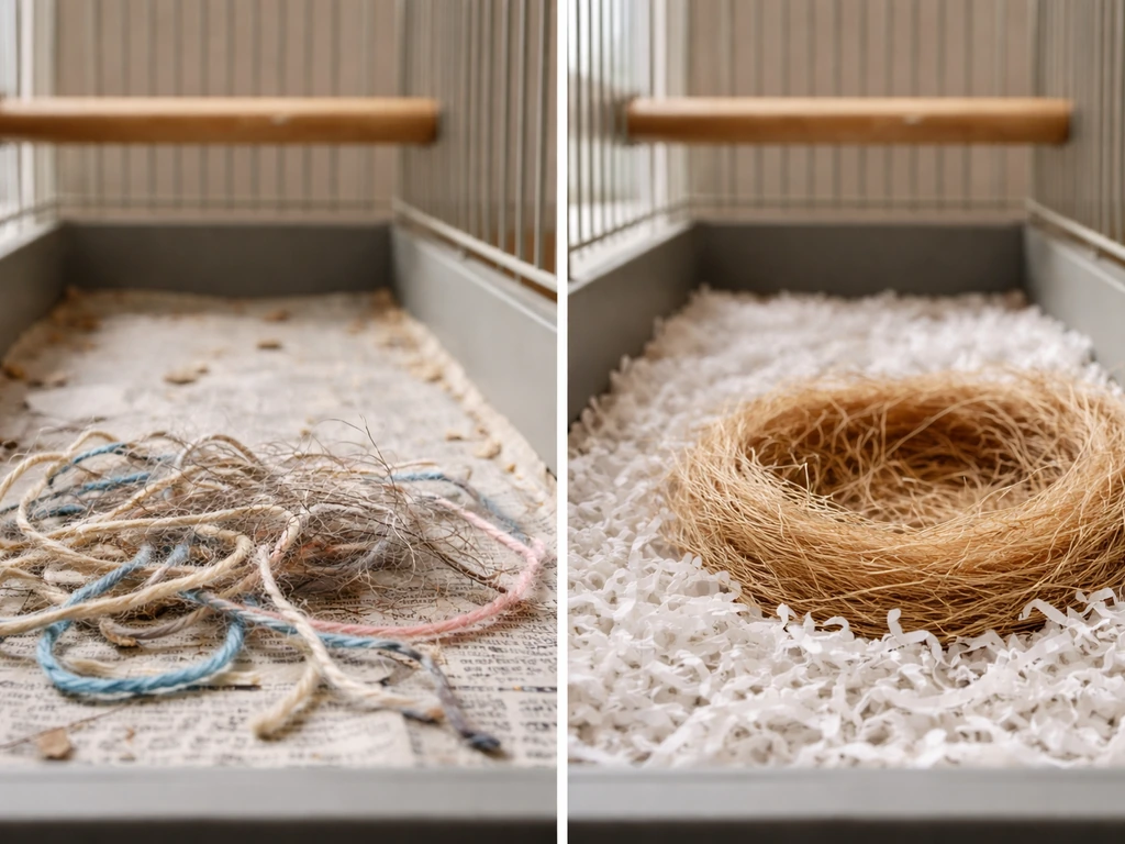 Comparison of bird cage bedding: unsafe yarn/hair vs safe shredded paper and natural nesting fiber.