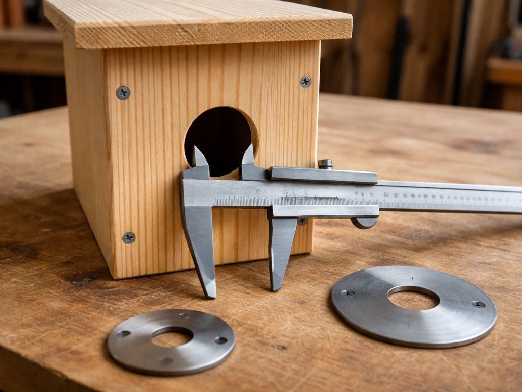 Close-up of calipers and hole templates measuring a small wooden nest box entrance hole