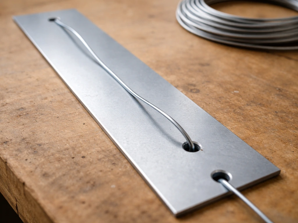 Two pre-drilled holes in an extended panel with galvanised wire threaded through, on a workbench.