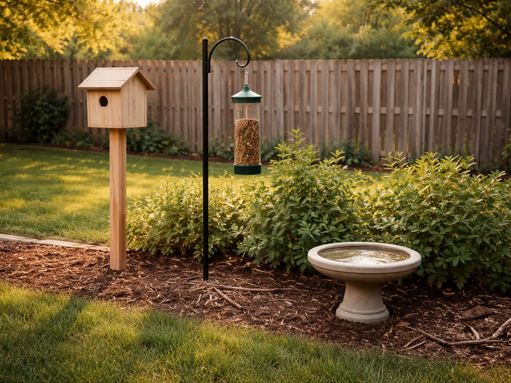 Backyard bird habitat setup with a nest box, bird feeder, and birdbath near shrubs and a small fence.