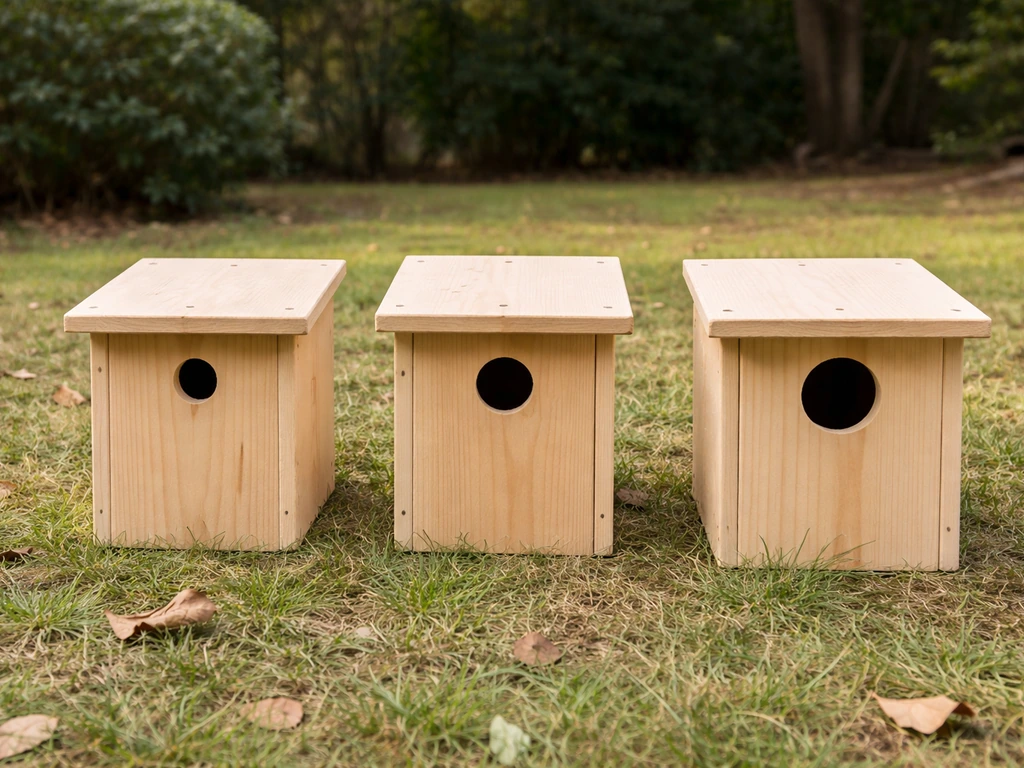 Three wooden bird nest boxes with different entrance-hole sizes in a backyard yard.