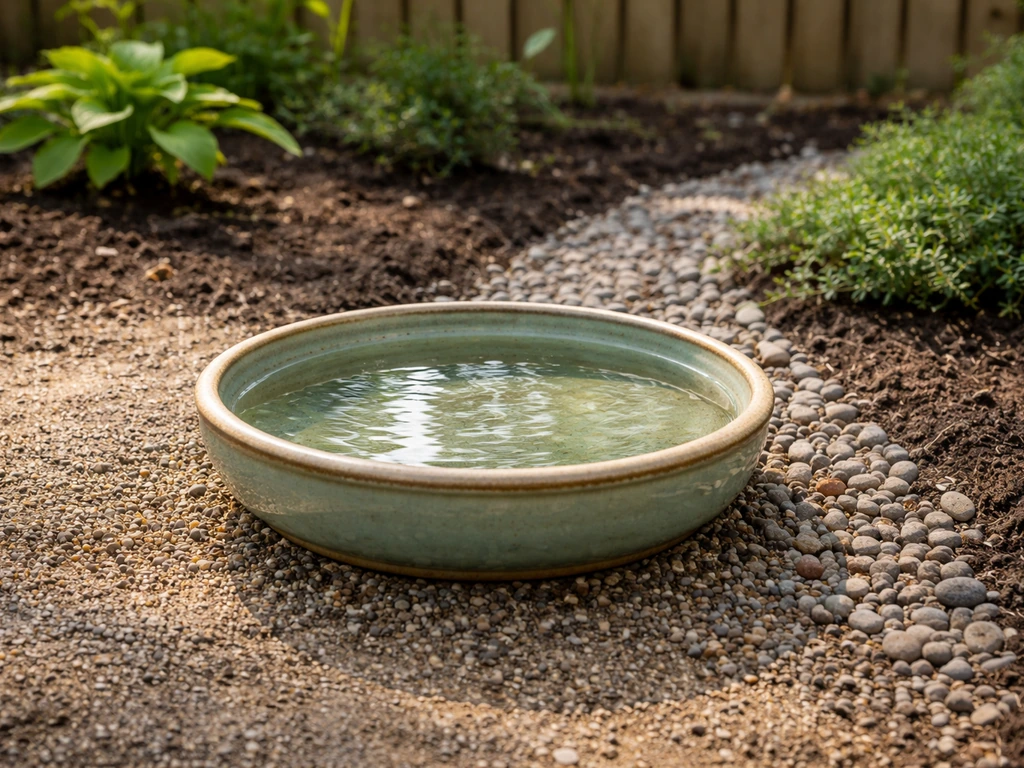 Small birdbath on gravel with sloped ground for quick drainage and no standing water.