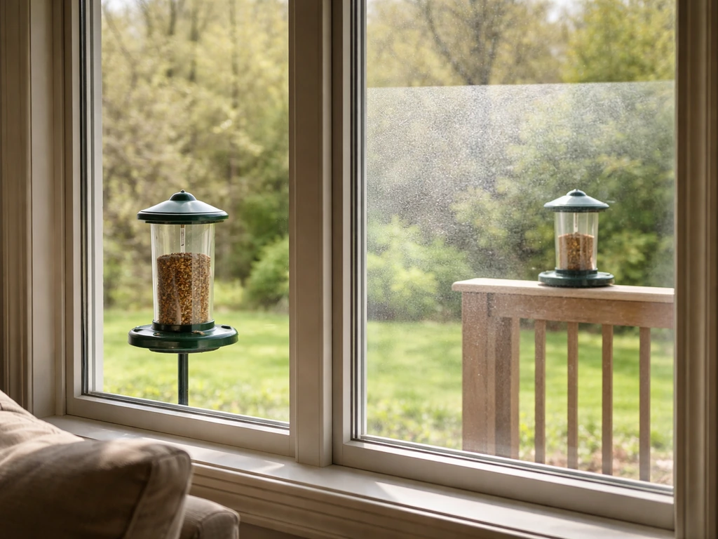 Two bird feeders near a window—one too close, one farther back with window film—seen from inside.