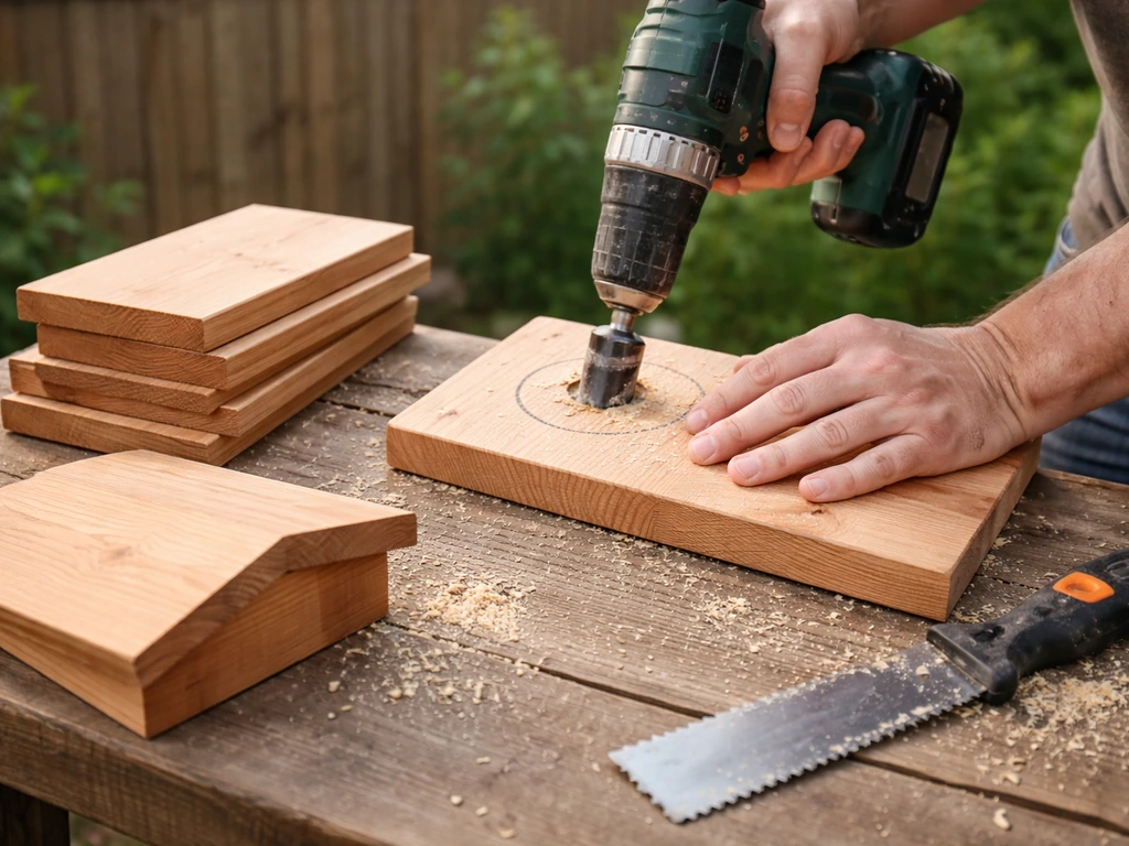 Hands cutting and drilling wood for a simple bird nest box entrance hole on a workbench.