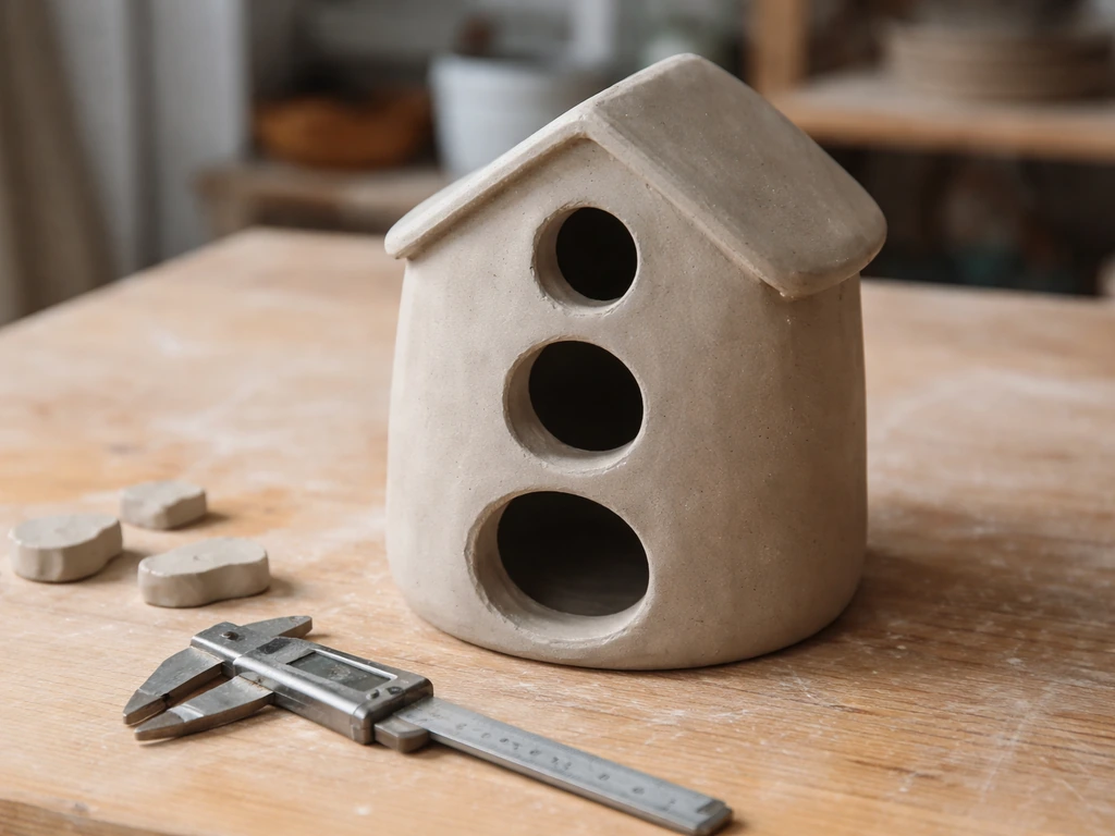Unfinished ceramic bird house with entrance openings measured on a wooden workbench with a metal caliper.