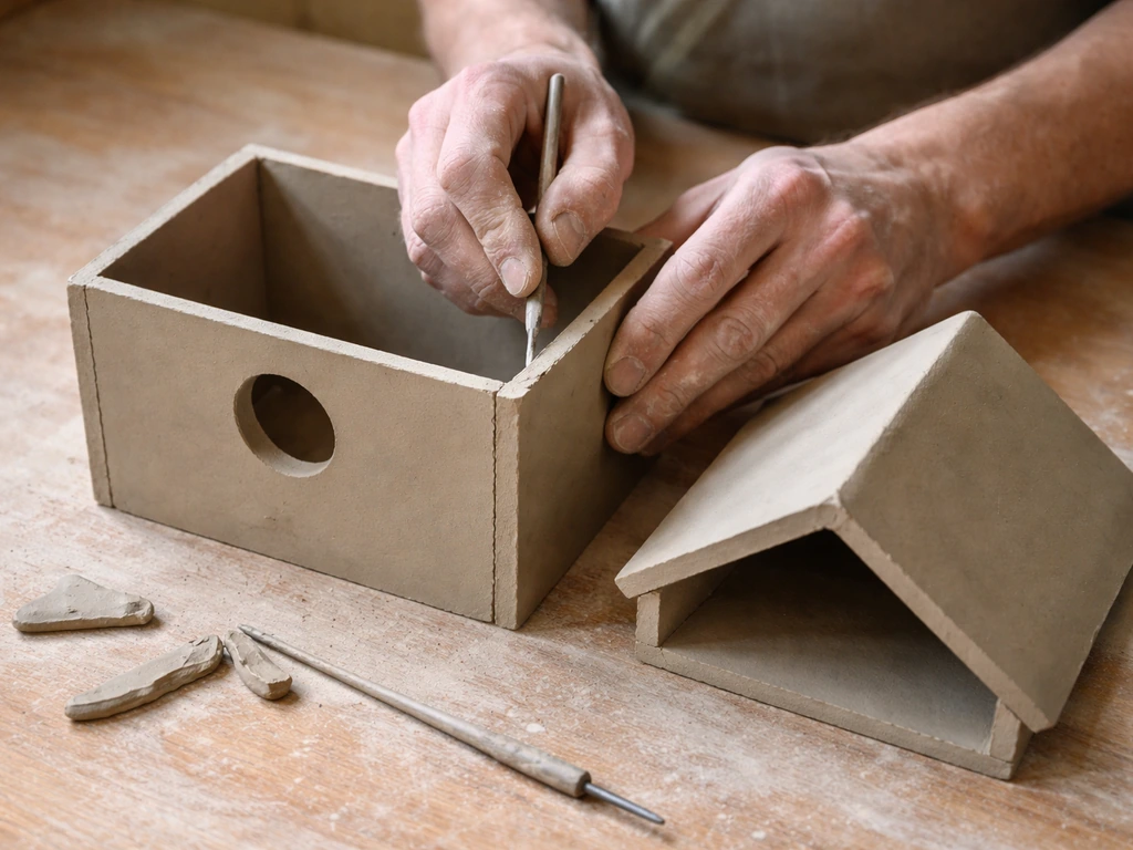 Hands scoring and pressing joined clay slabs to form a box-style ceramic bird house