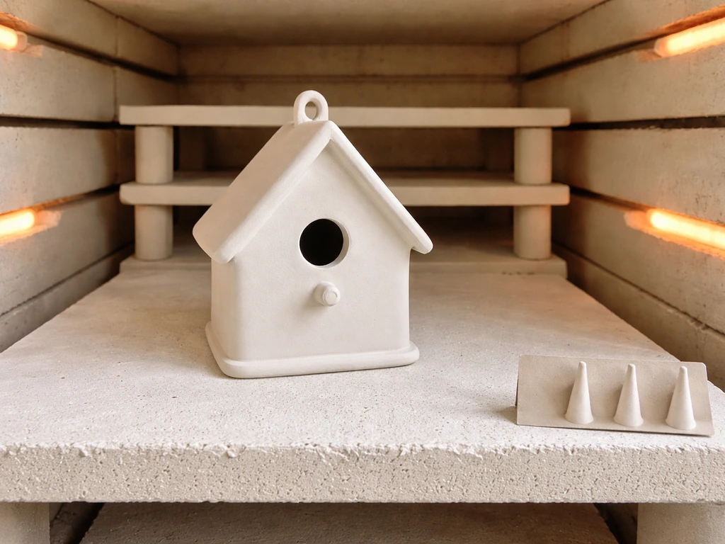 Matte ceramic birdhouse on kiln shelves with cone-temperature reference card beside it inside a pottery kiln