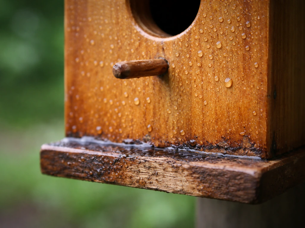 Close-up of a bird house exterior with glaze pinholes and a rough damp patch.