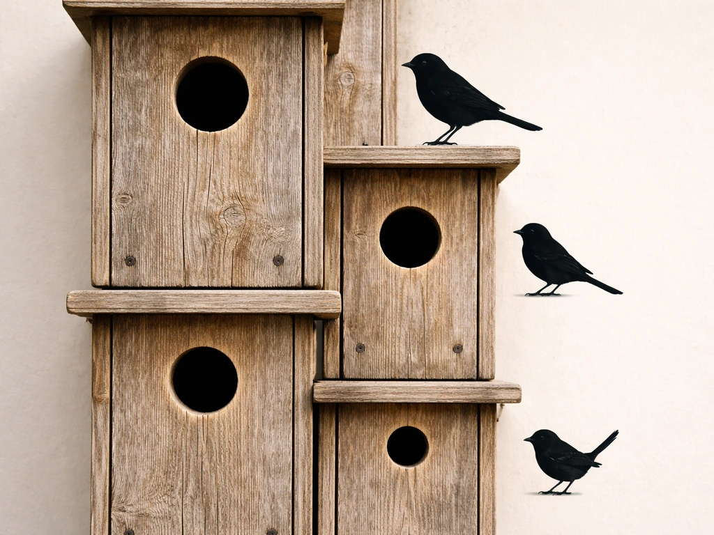 Close-up silhouettes of small songbirds beside nesting box entrance holes to suggest size mismatch
