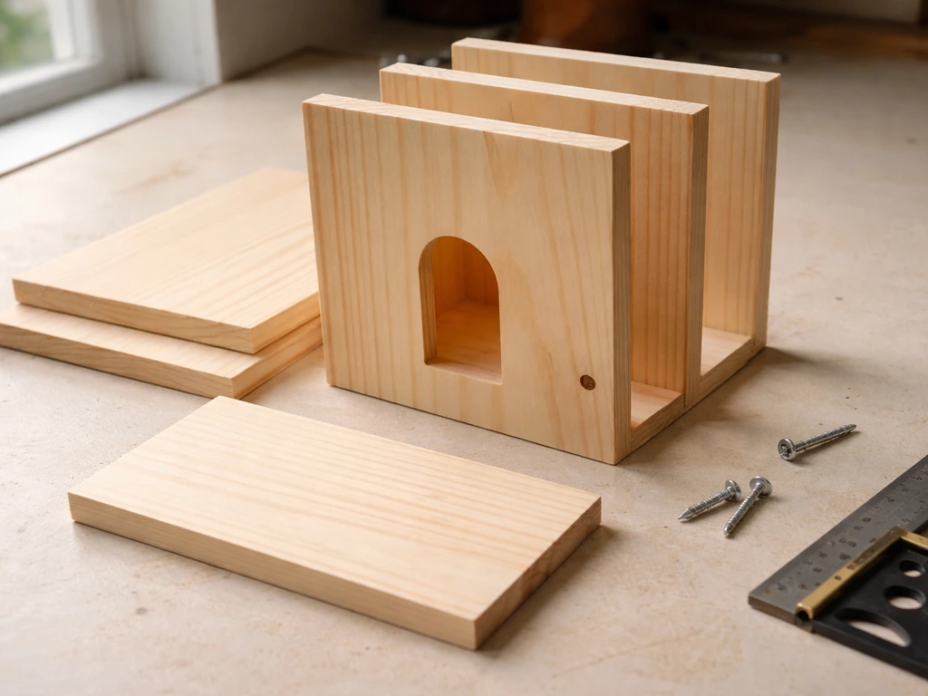 Wooden nesting box panels and floor board arranged on a workbench before assembly.