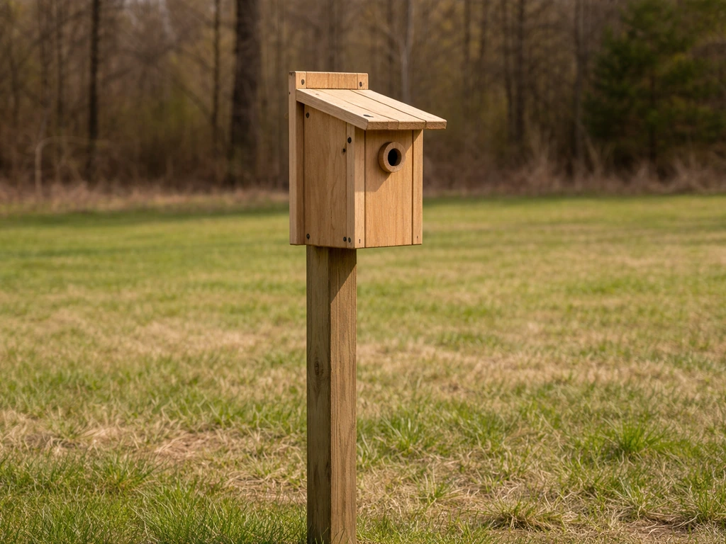 Bluebird nesting box mounted 4–5 feet high on a post with entrance facing away from wind.