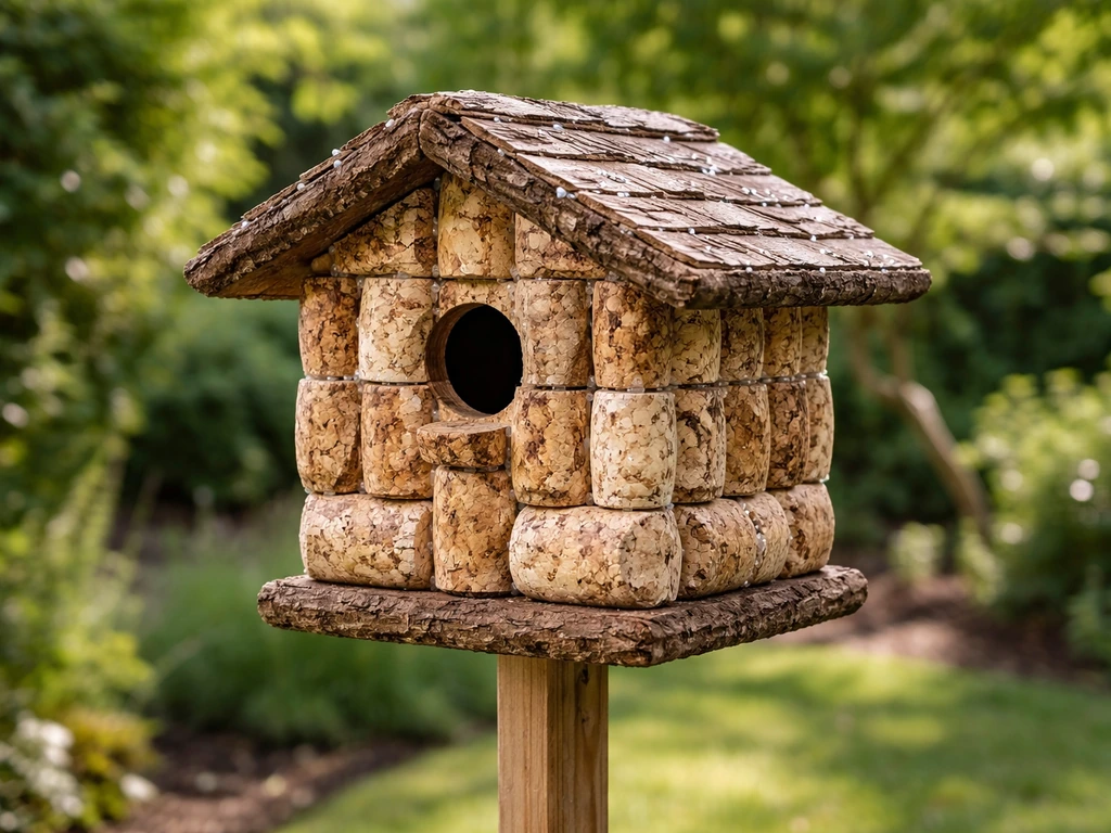 Finished wine cork bird house with cork walls and small roof overhang outdoors in natural light
