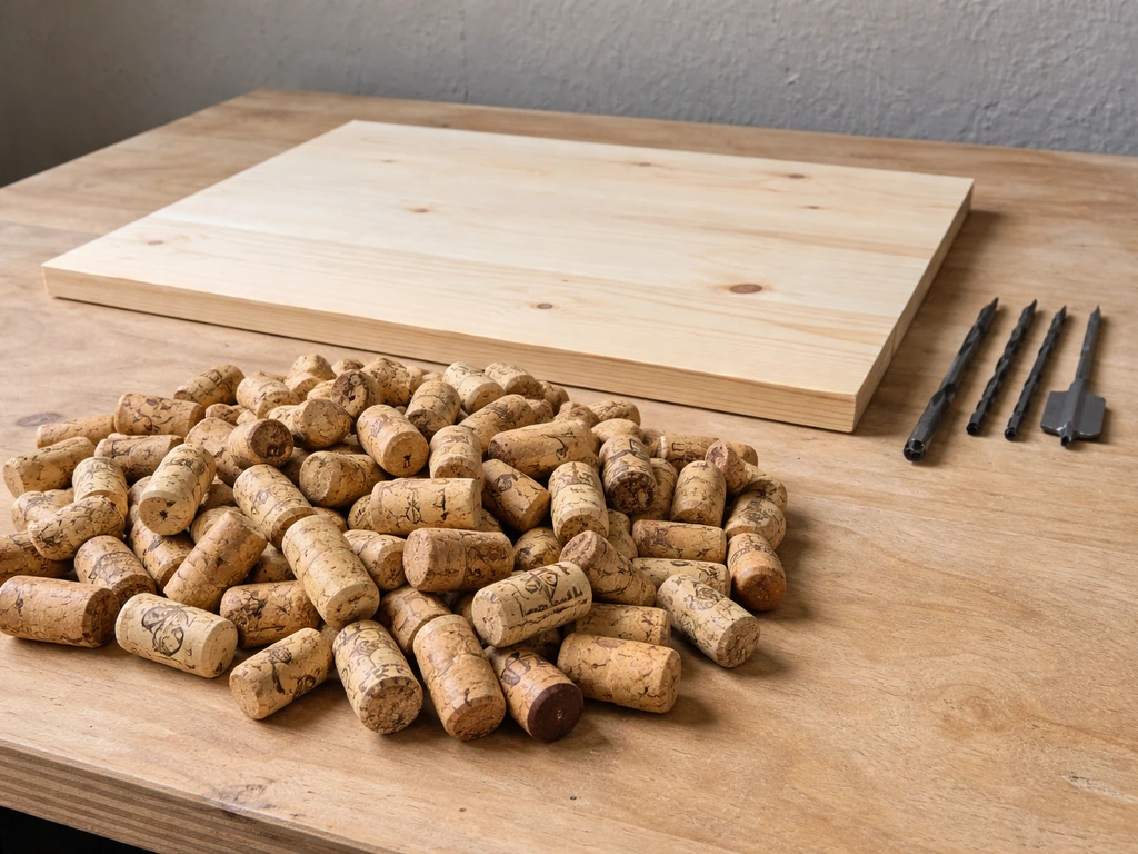 Wine cork birdhouse materials laid out: natural corks, untreated wood panel, and drill bits on a workbench.