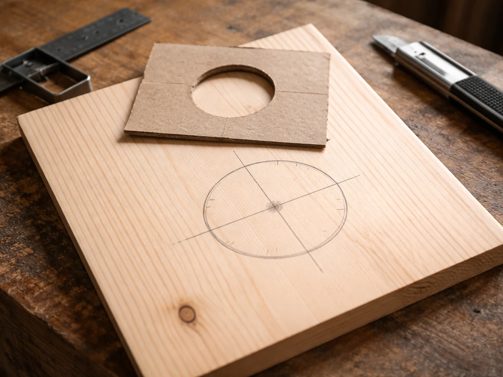 Unfinished birdhouse front panel with an entrance hole template and pencil markings before cutting.
