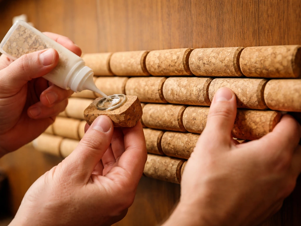 Close-up of wine corks being pressed onto a wooden panel in neat rows.