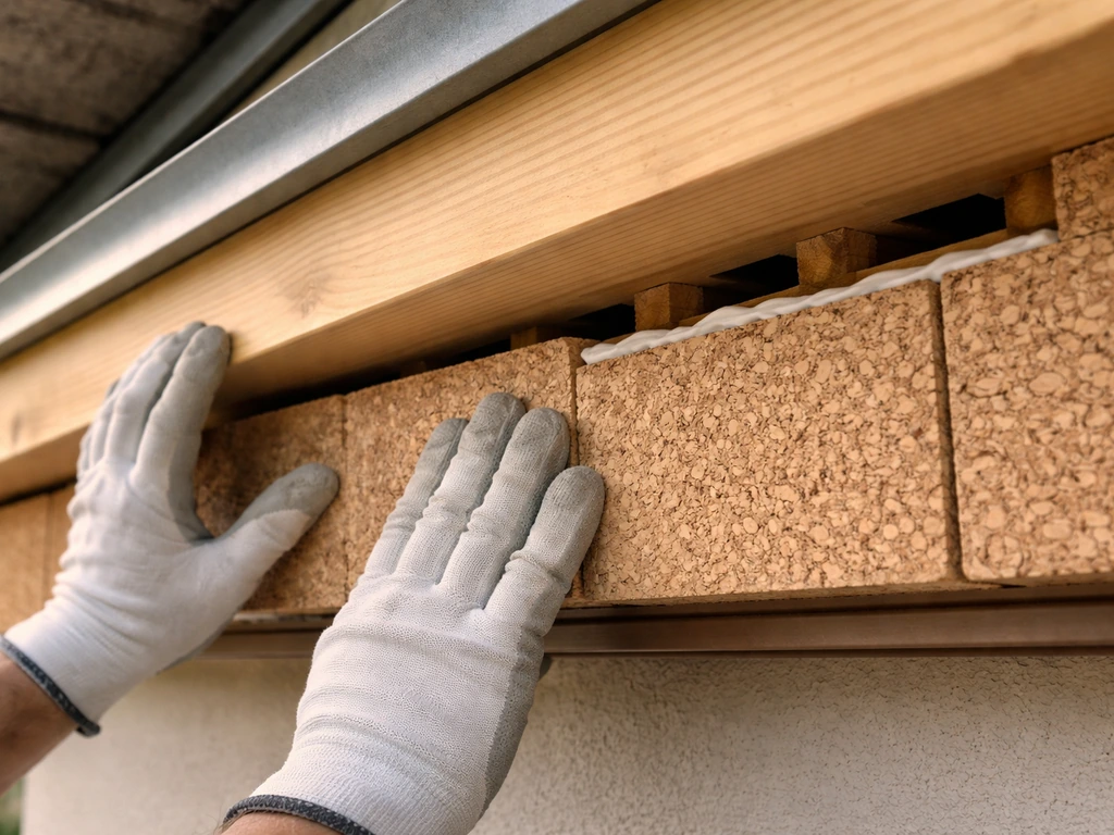Gloved hands press cork pieces onto a roof overhang, showing waterproof installation near ventilation gaps.