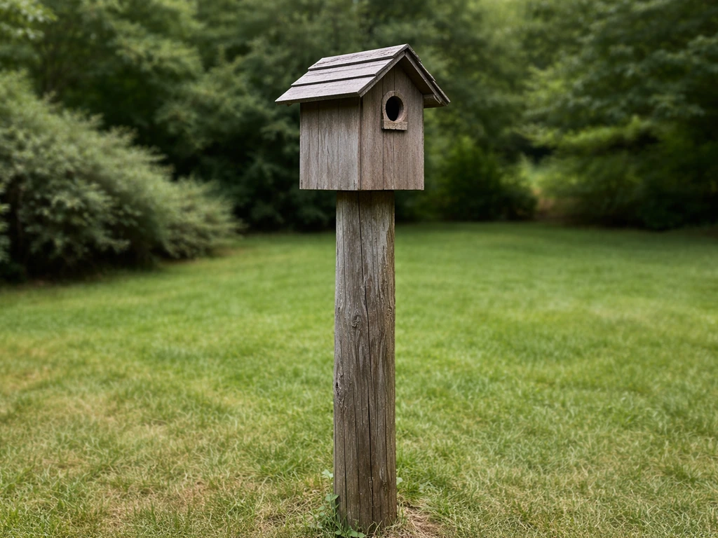 Birdhouse mounted high on a fence post in a yard, camera showing its height and orientation.