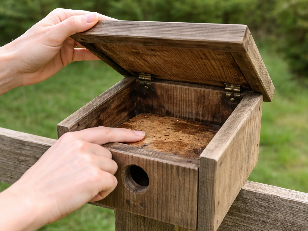 Hands opening a small wooden birdhouse roof to inspect the interior floor corners for moisture and cork fit.