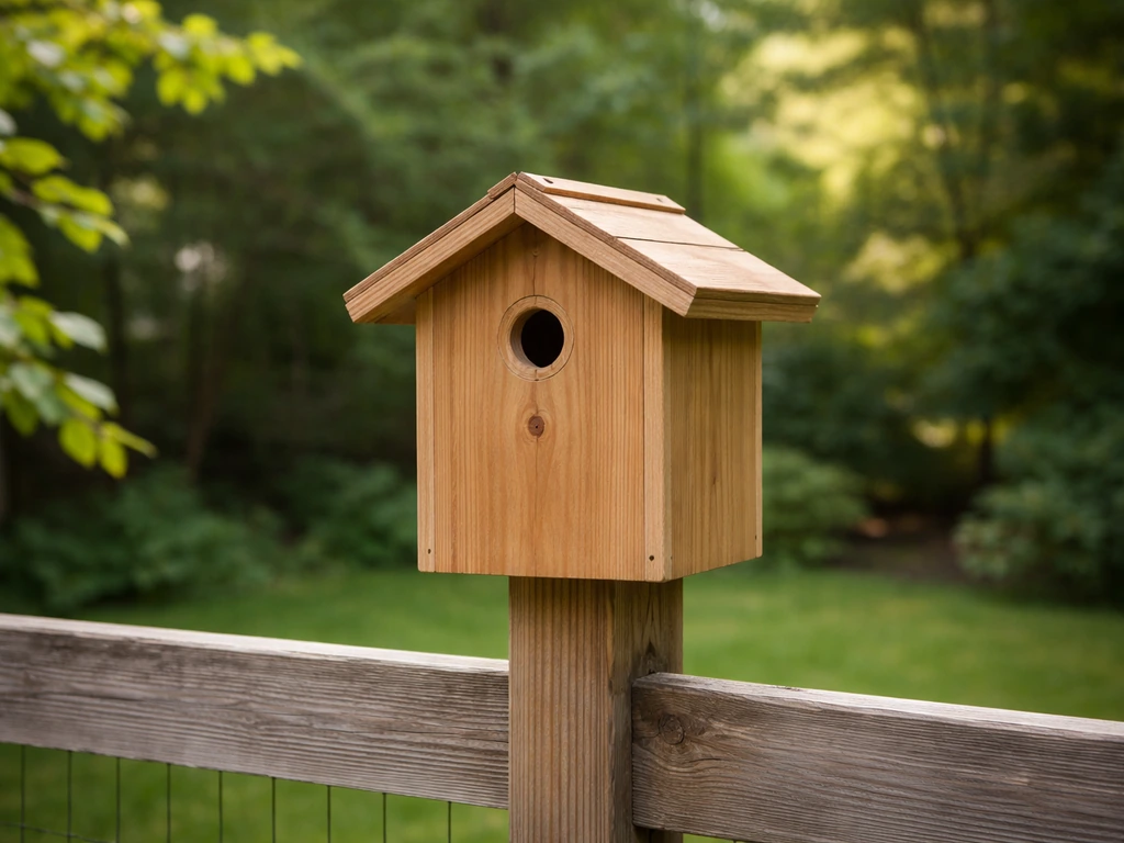 Finished wooden wren bird house on a post in a backyard garden, showing the front entry hole and roof overhang.