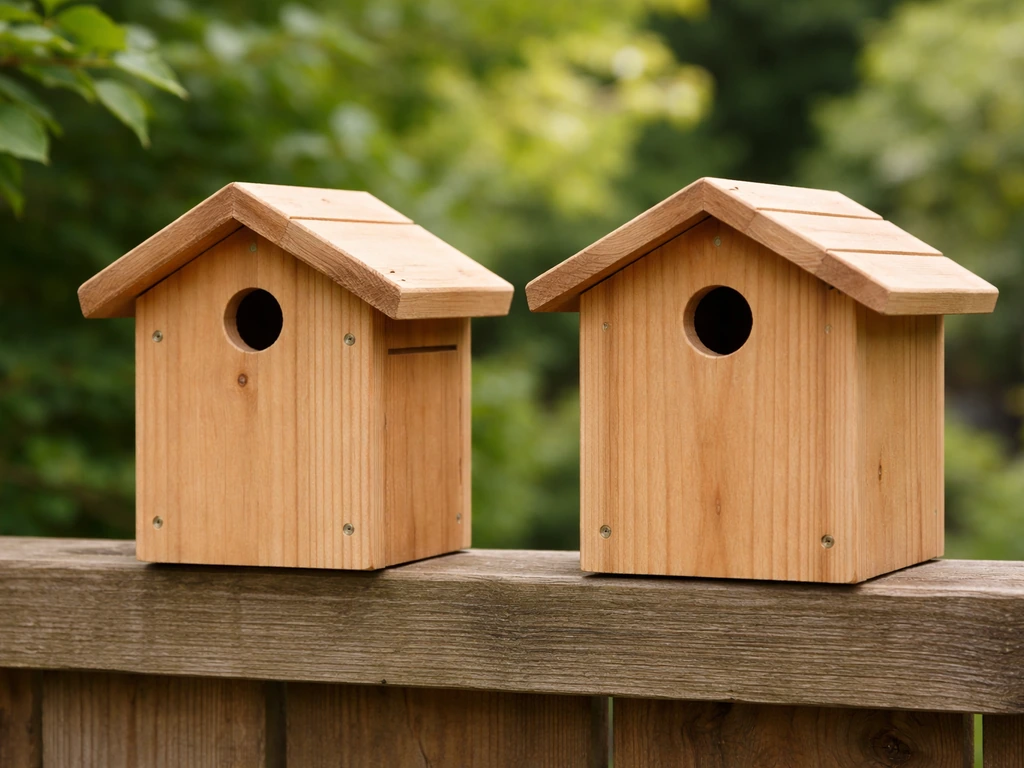 Two different wren-style nest boxes side by side on a fence rail in natural light.