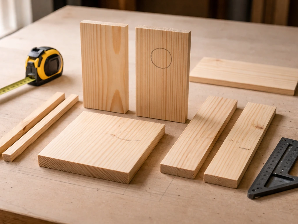 Cut wooden fence-garden pieces laid out with an entry hole marked, tape measure nearby on a workbench