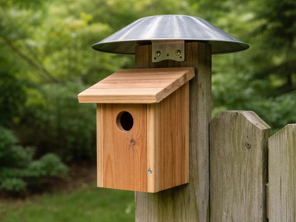 Wooden wren nest box mounted on a fence with a metal predator guard installed above it.