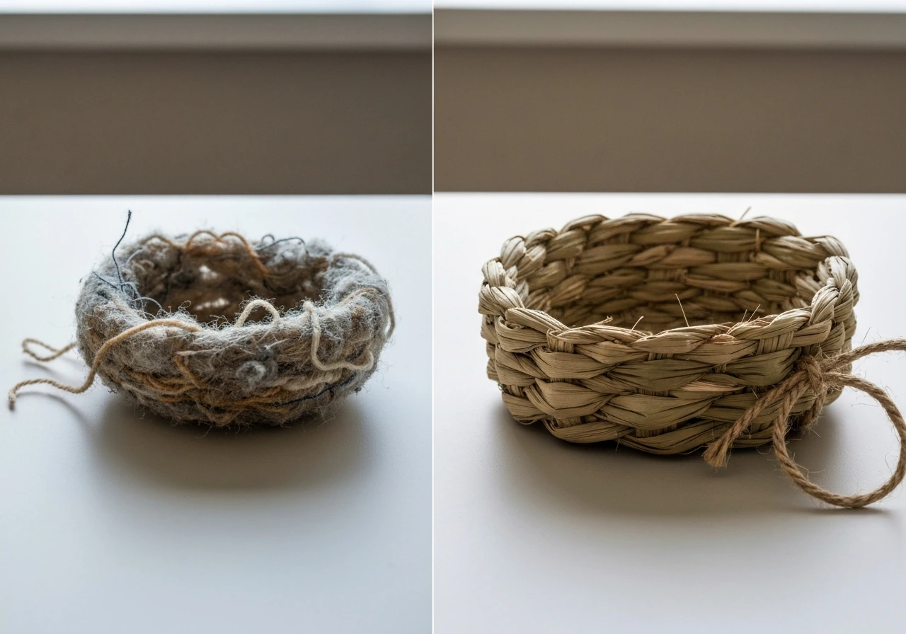 Side-by-side fake craft yarn nest vs clean woven bird-safe enrichment nest on a simple tabletop.