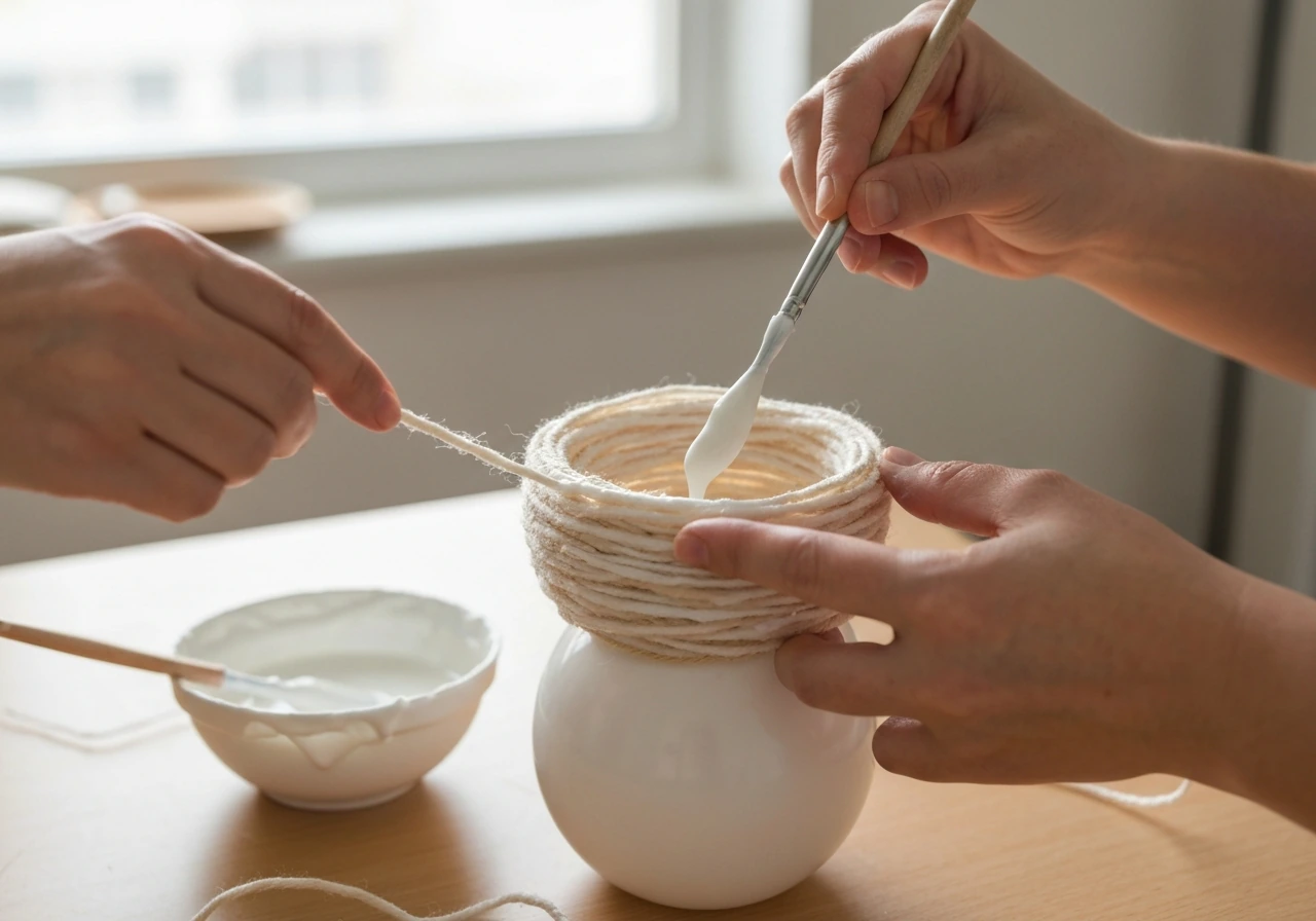 Hands applying diluted PVA glue to yarn stretched over a balloon mold on a craft table