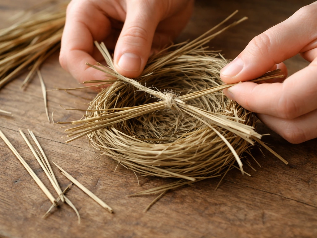 Hands weaving dried grass stems into a small nest cup with jute twine, close-up natural light